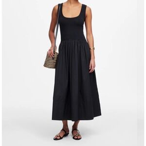 Madewell Mixed-Media Tank Midi Dress Black Cotton Poplin size S NV436